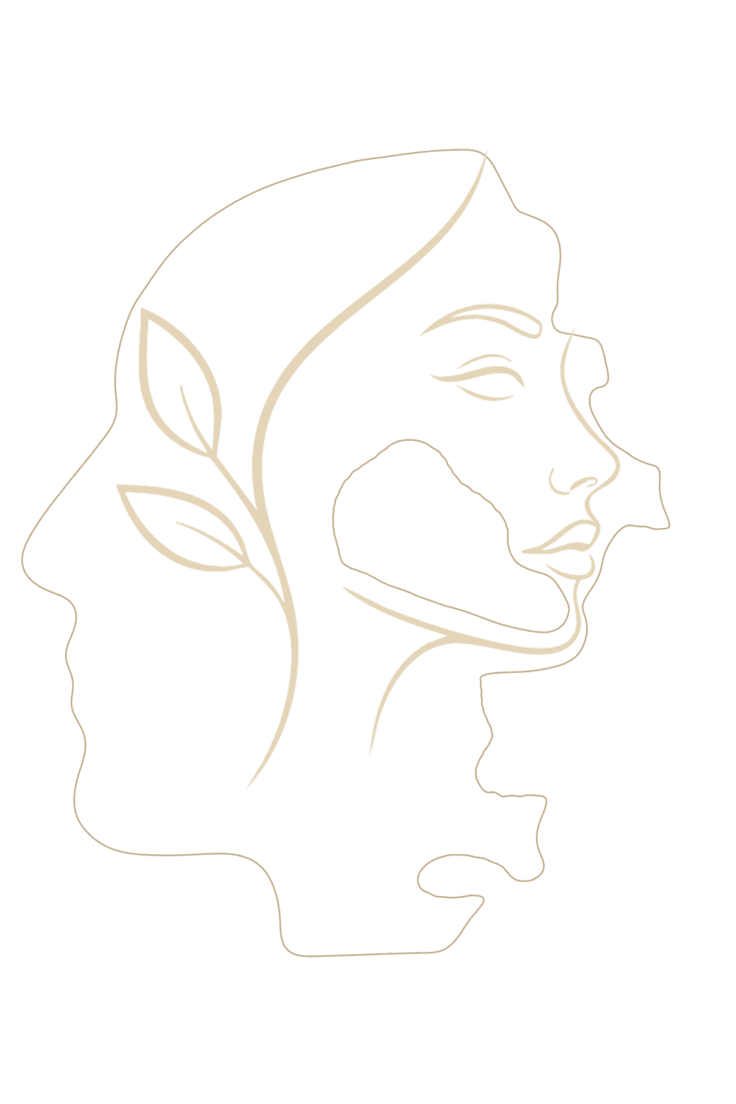 The Elcara face: a fine gold line drawing of two profiles with a leaf